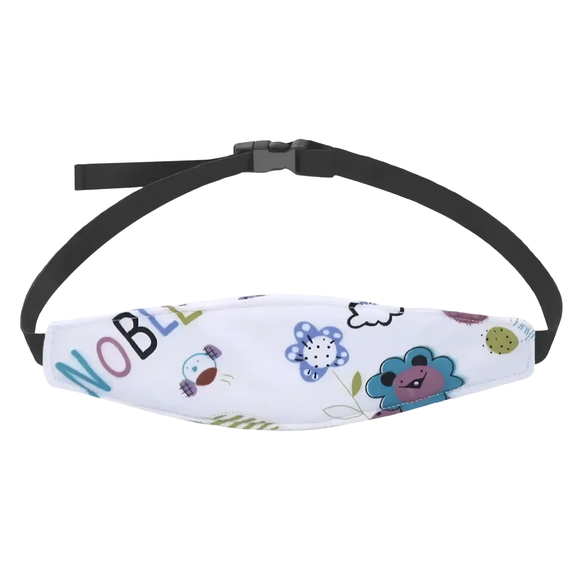 White fabric baby car seat head support strap with colorful cartoon prints and black adjustable sleep positioner strap