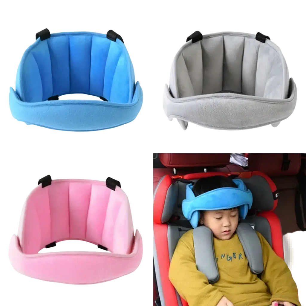 Blue plush baby car seat head support cushion with black adjustable straps for sleep aid and neck comfort