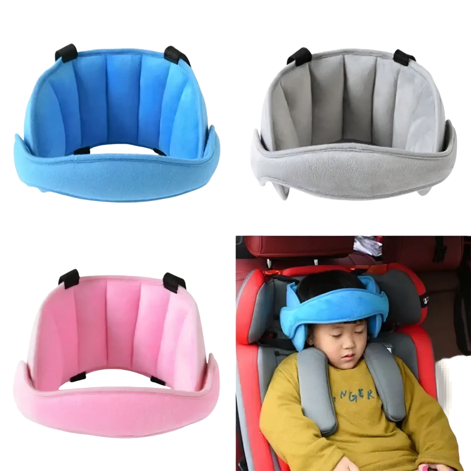 Blue plush baby car seat head support cushion with black adjustable straps for sleep aid and neck comfort