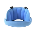 Blue plush baby car seat head support strap sleep aid with black adjustable straps for secure head positioning