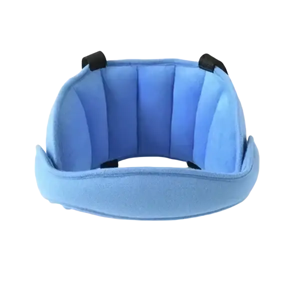 Blue plush baby car seat head support strap sleep aid with black adjustable straps for secure head positioning