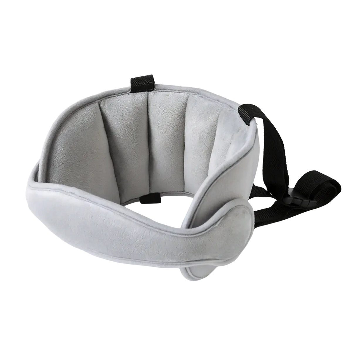 Gray plush baby car seat head support cushion with black adjustable straps for sleep aid and comfort