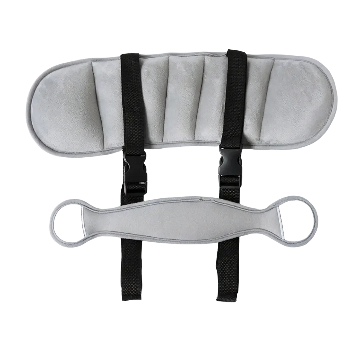 Gray plush baby car seat head support strap sleep aid with black adjustable buckle straps on the back side