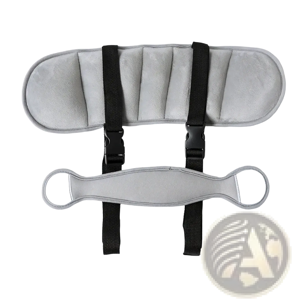 Gray plush baby car seat head support strap sleep aid with black adjustable buckle straps on the back side