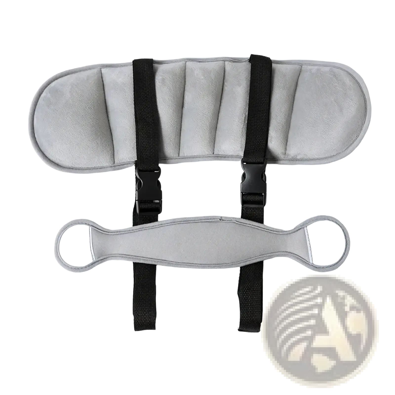 Gray plush baby car seat head support strap sleep aid with black adjustable buckle straps on the back side