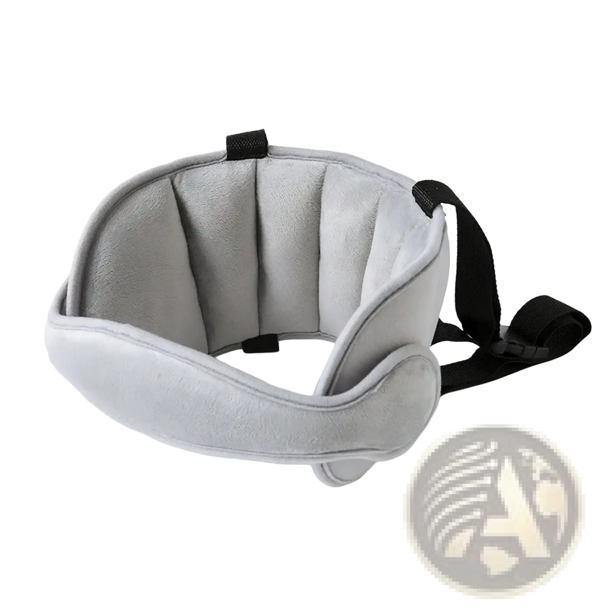 Gray plush baby car seat head support cushion with black adjustable straps for sleep aid and comfort
