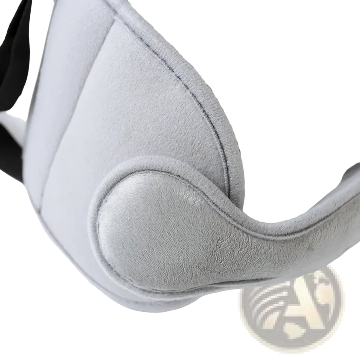 Gray plush cushioned baby car seat head support strap sleep aid with soft textured fabric and stitched seams