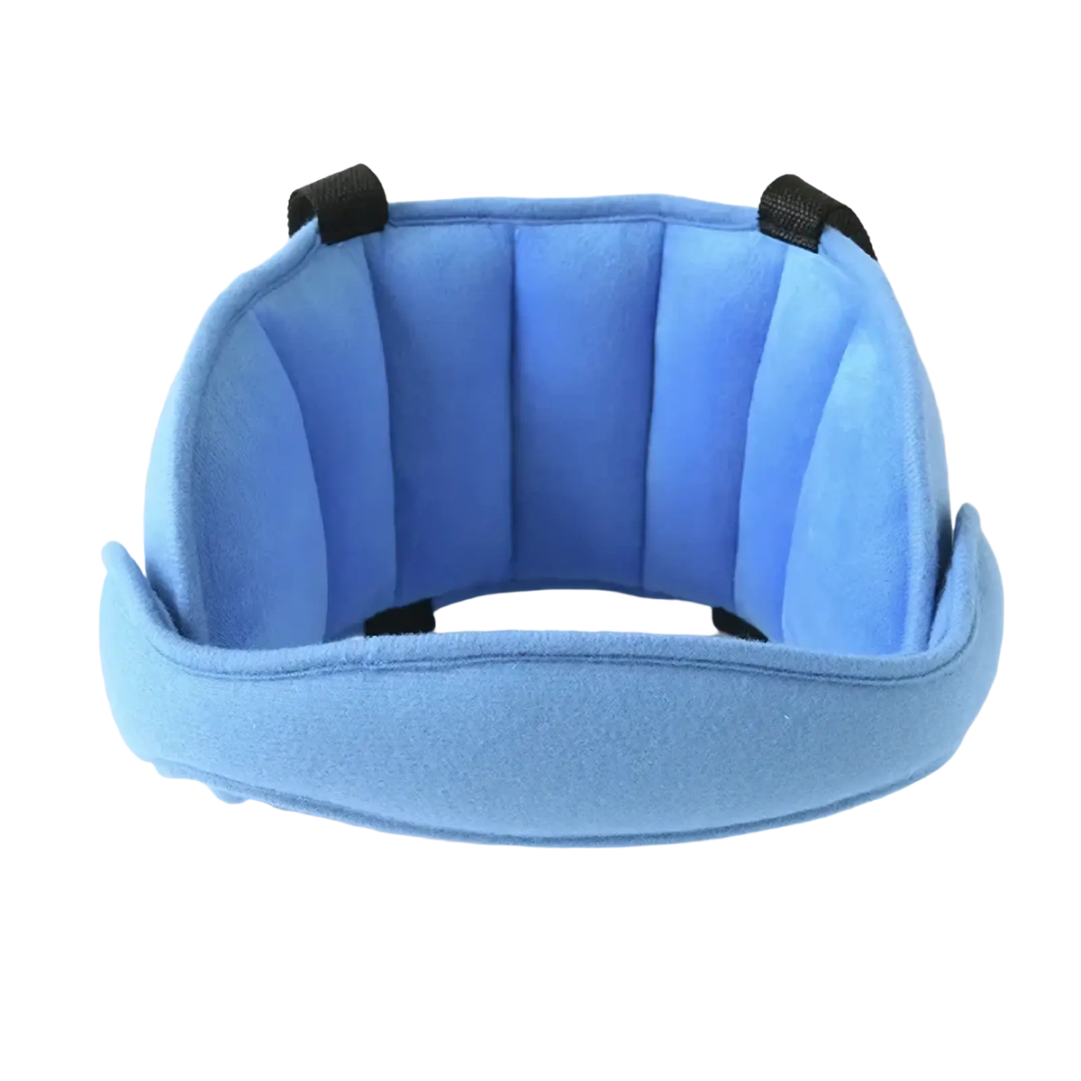 Light blue padded baby car seat head support with black adjustable straps designed as a sleep aid accessory