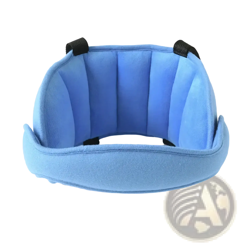 Light blue padded baby car seat head support with black adjustable straps designed as a sleep aid accessory