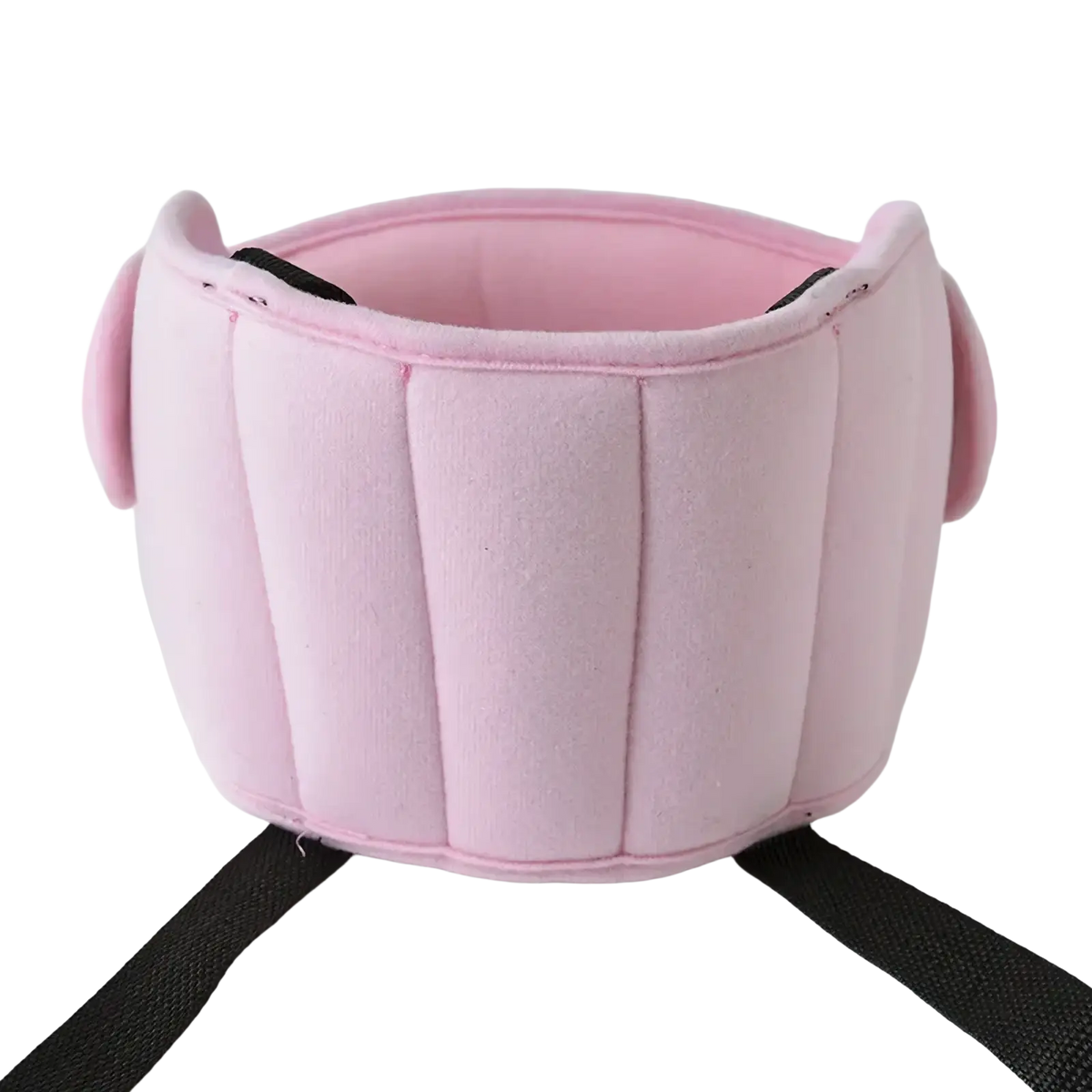 Pink padded baby car seat head support strap with black adjustable safety belt designed as sleep aid
