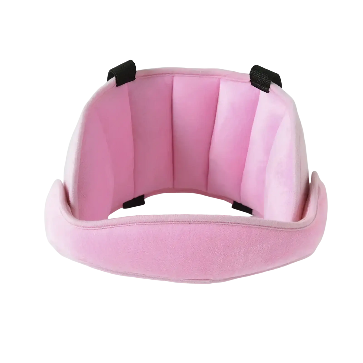 Pink padded baby car seat head support strap with black adjustable straps for sleep aid and neck comfort