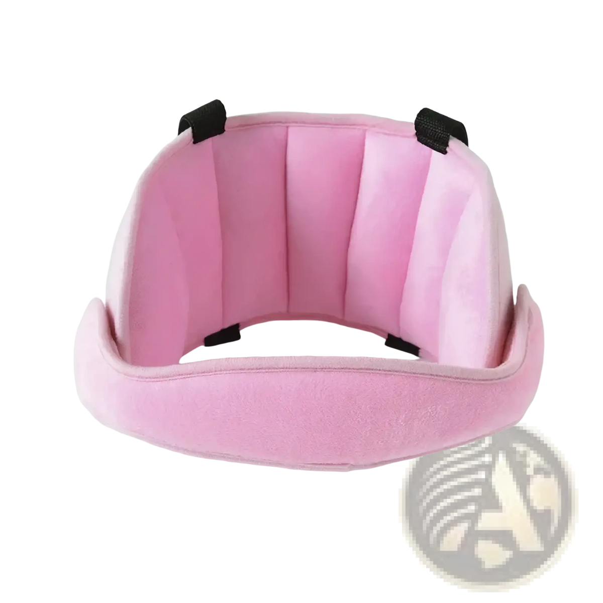 Pink padded baby car seat head support strap with black adjustable straps for sleep aid and neck comfort