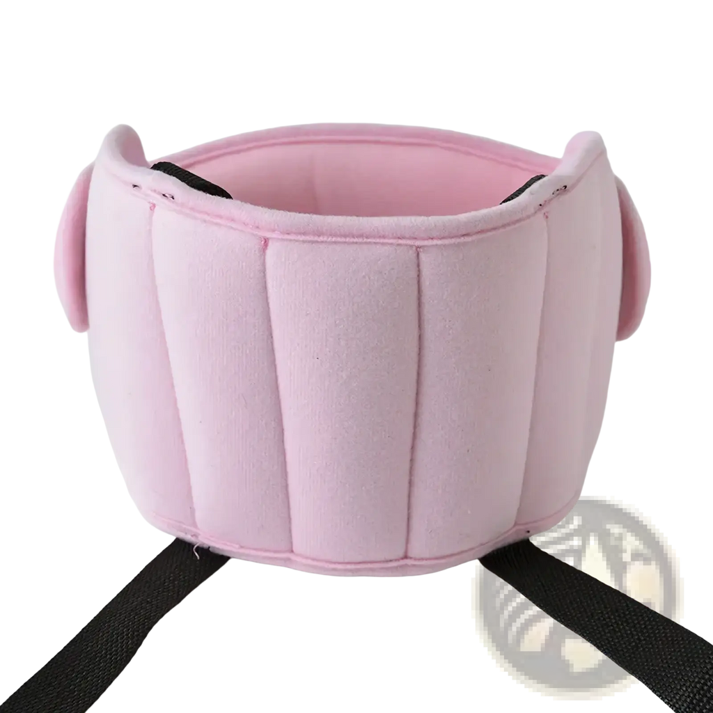Pink padded baby car seat head support strap with black adjustable safety belt designed as sleep aid