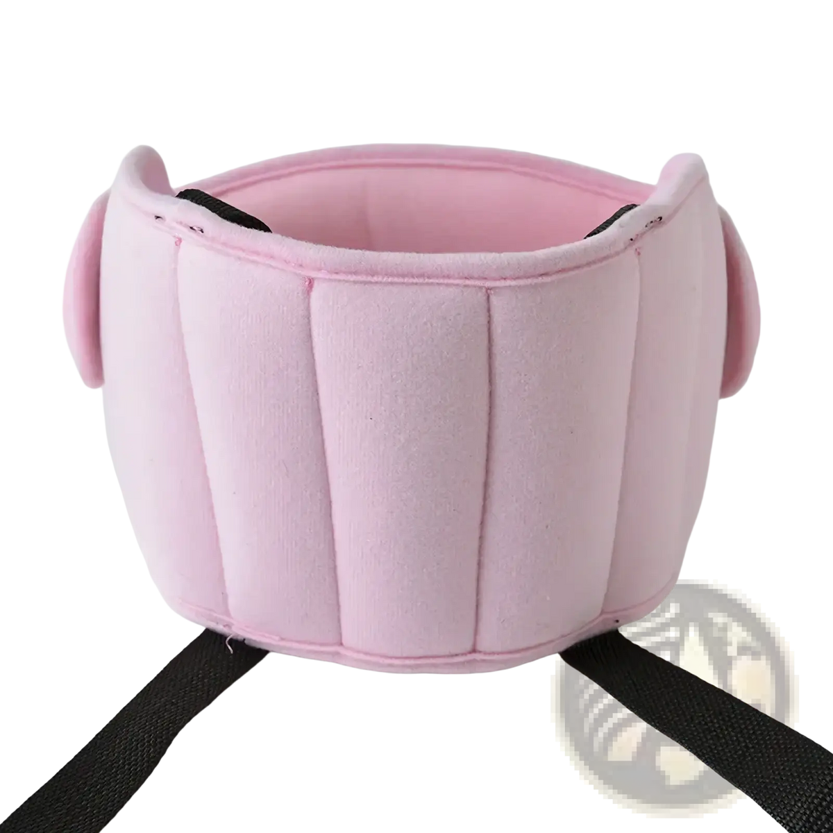 Pink padded baby car seat head support strap with black adjustable safety belt designed as sleep aid