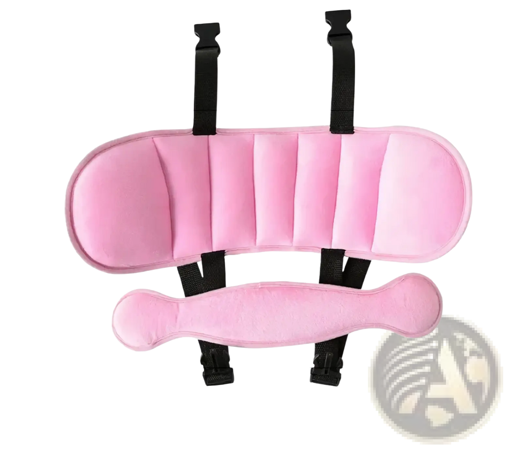 Pink plush baby car seat head support with black adjustable straps designed for sleep aid comfort and safety