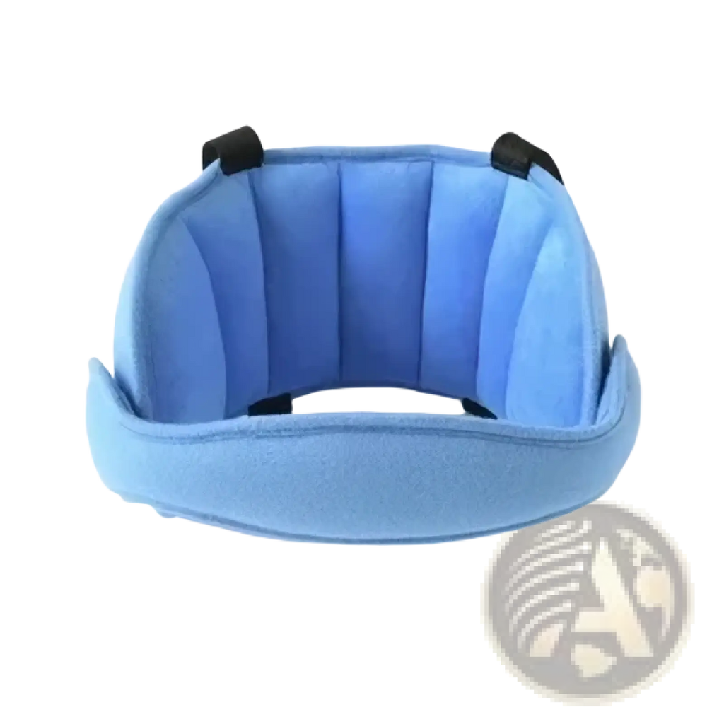 Blue plush baby car seat head support strap sleep aid with black adjustable straps for secure head positioning