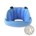Blue plush baby car seat head support strap sleep aid with black adjustable straps for secure head positioning