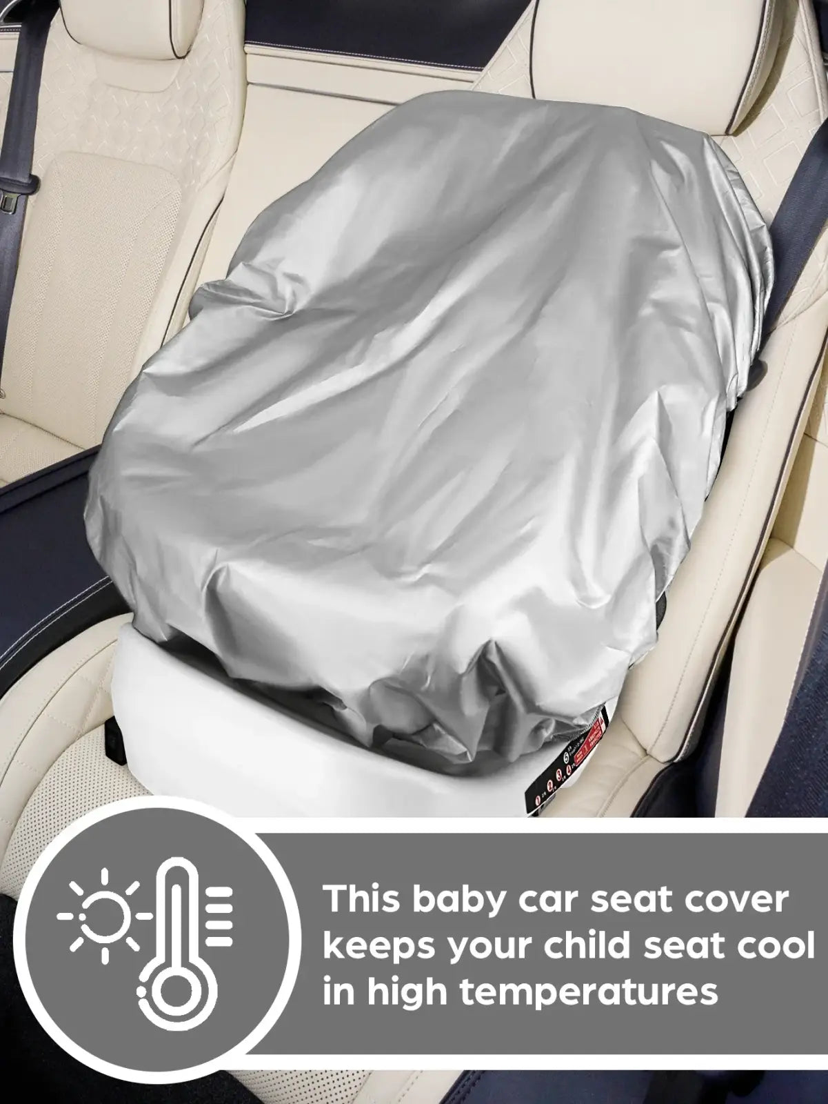 Silver reflective baby car seat sun shade cover made of insulating material to keep the seat cool in high temperatures