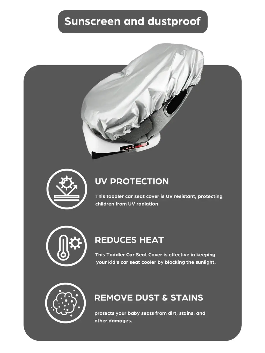 Silver reflective toddler car seat cover with uv protection and dustproof material for baby car seat sun shade use
