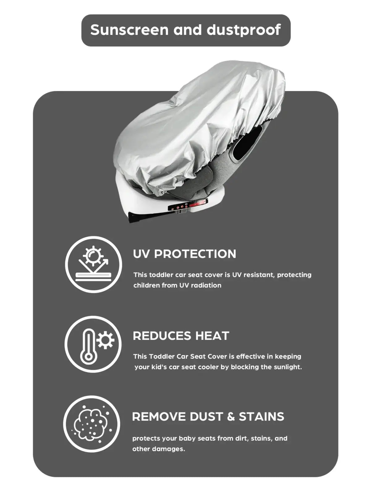 Silver reflective toddler car seat cover with uv protection and dustproof material for baby car seat sun shade use
