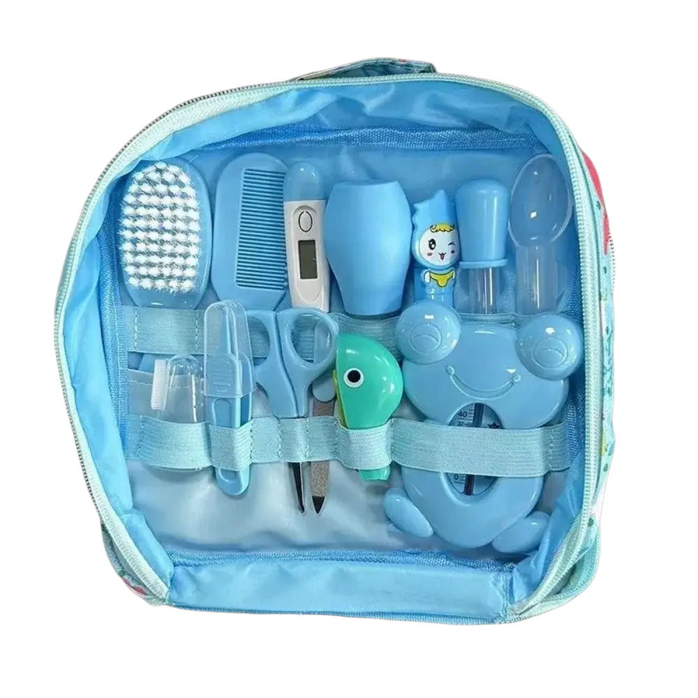 Blue baby care kit with 13 newborn grooming tools and a green turtle-shaped item for infant hygiene and safety