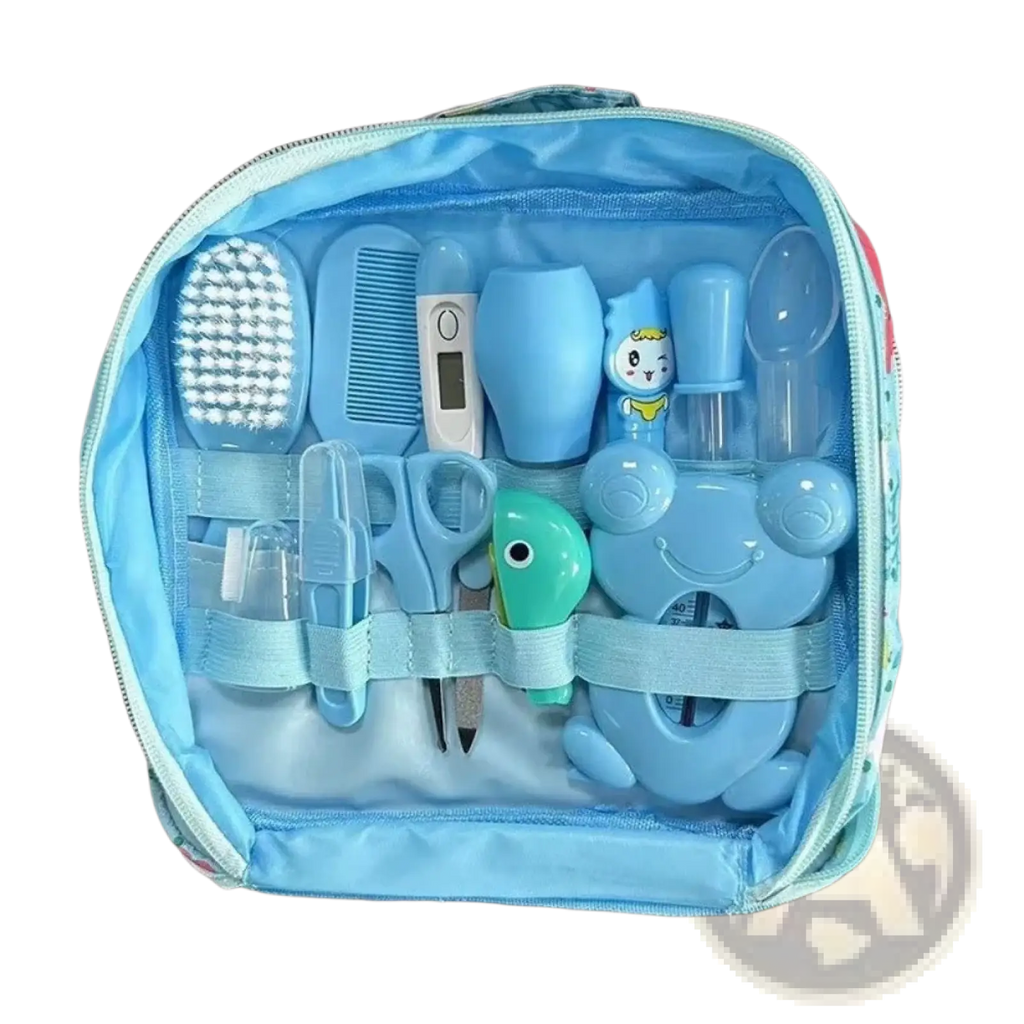 Blue baby care kit with 13 newborn grooming tools and a green turtle-shaped item for infant hygiene and safety
