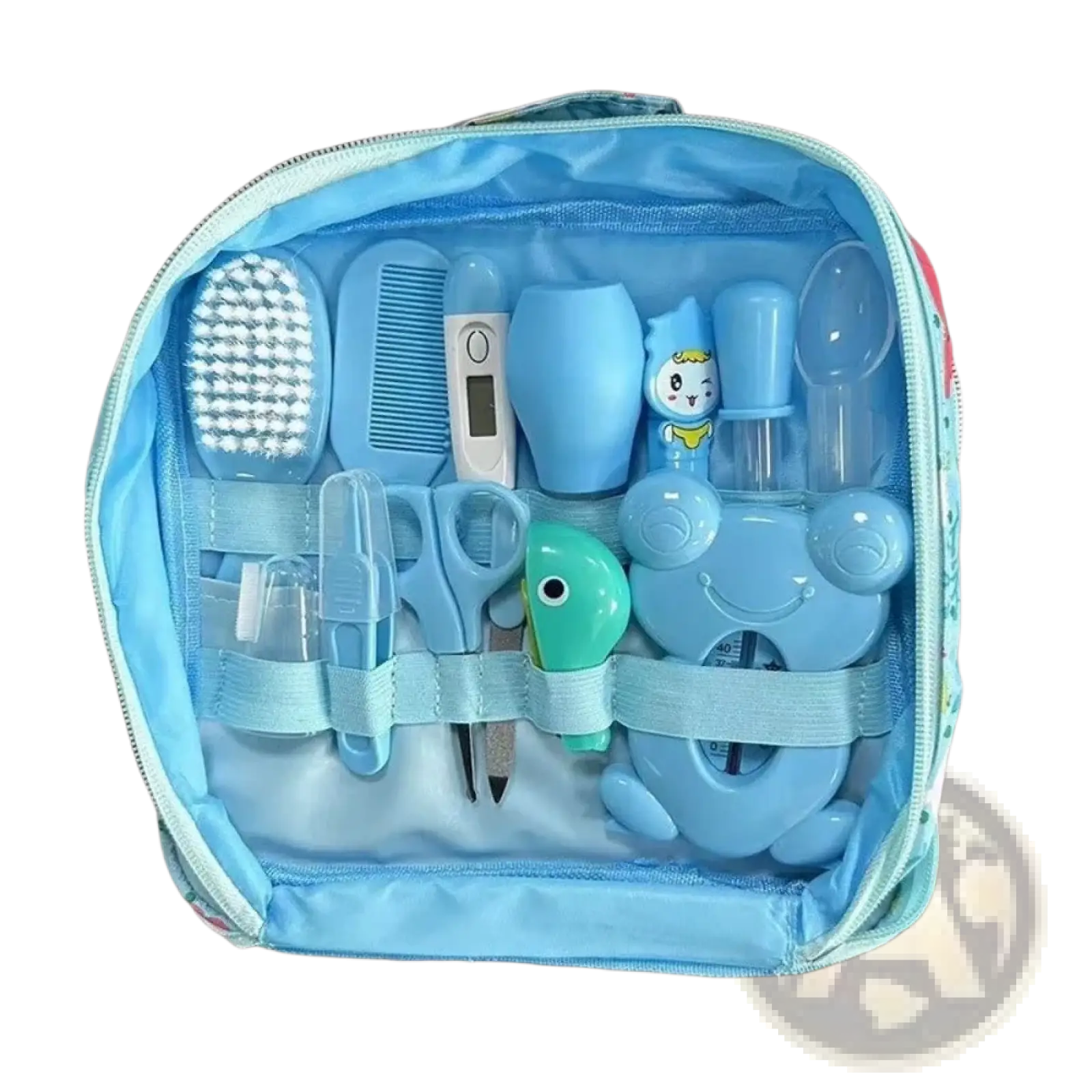 Blue baby care kit with 13 newborn grooming tools and a green turtle-shaped item for infant hygiene and safety