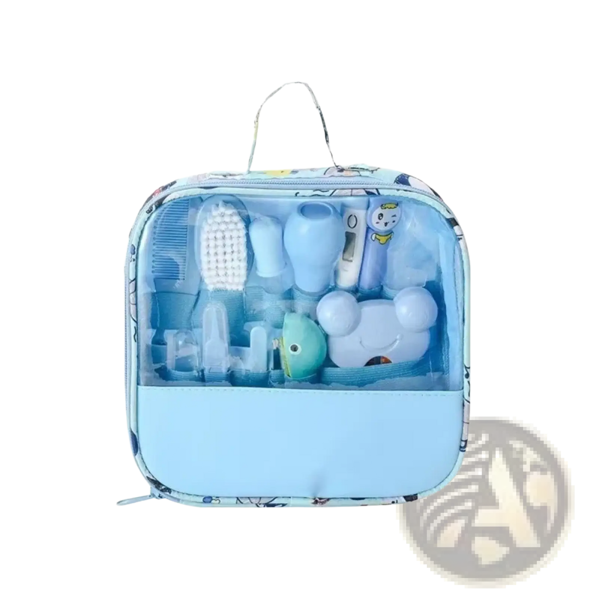Light blue transparent baby care kit with cartoon patterns and solid front panel for newborn grooming set