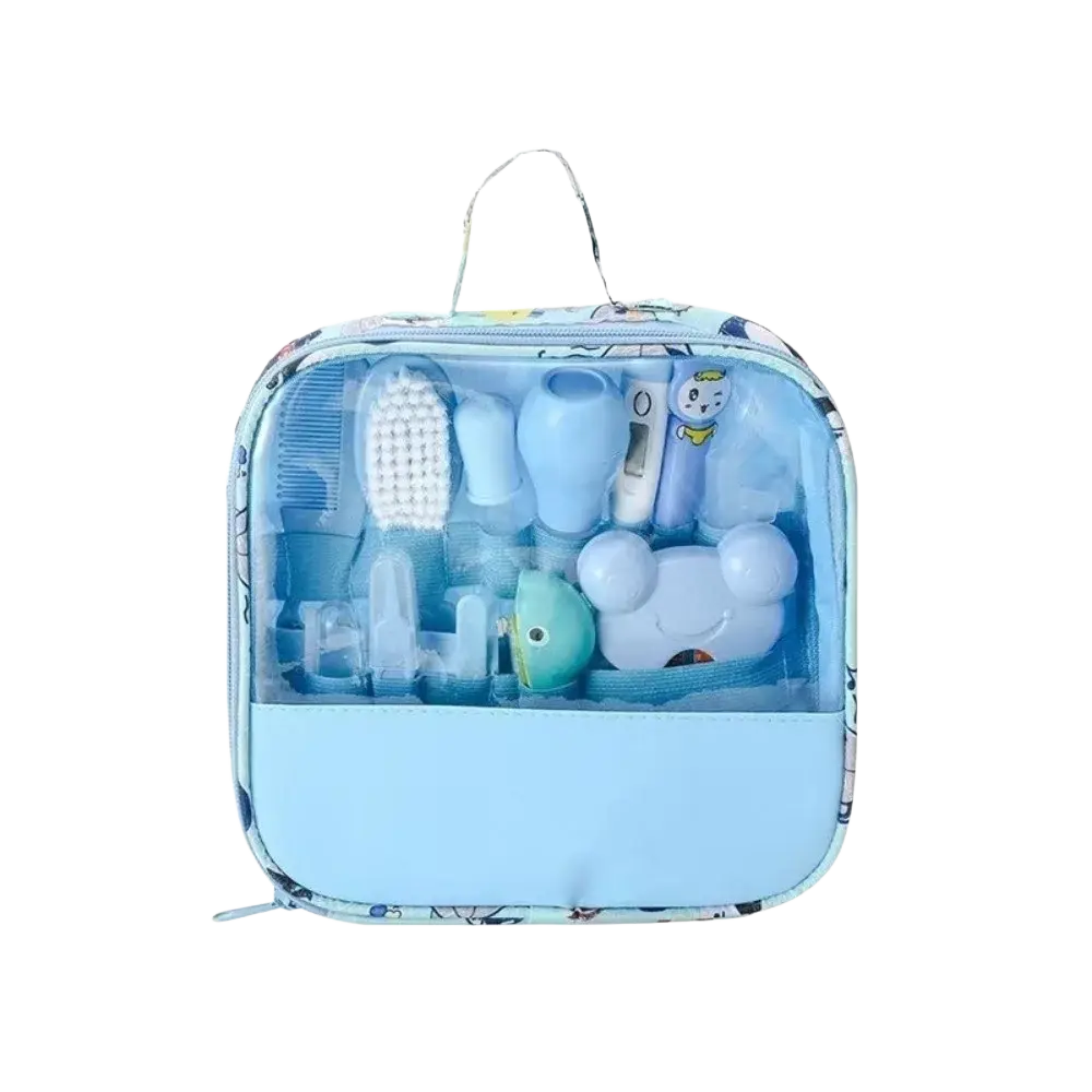 Light blue transparent baby care kit with cartoon patterns and solid front panel for newborn grooming set