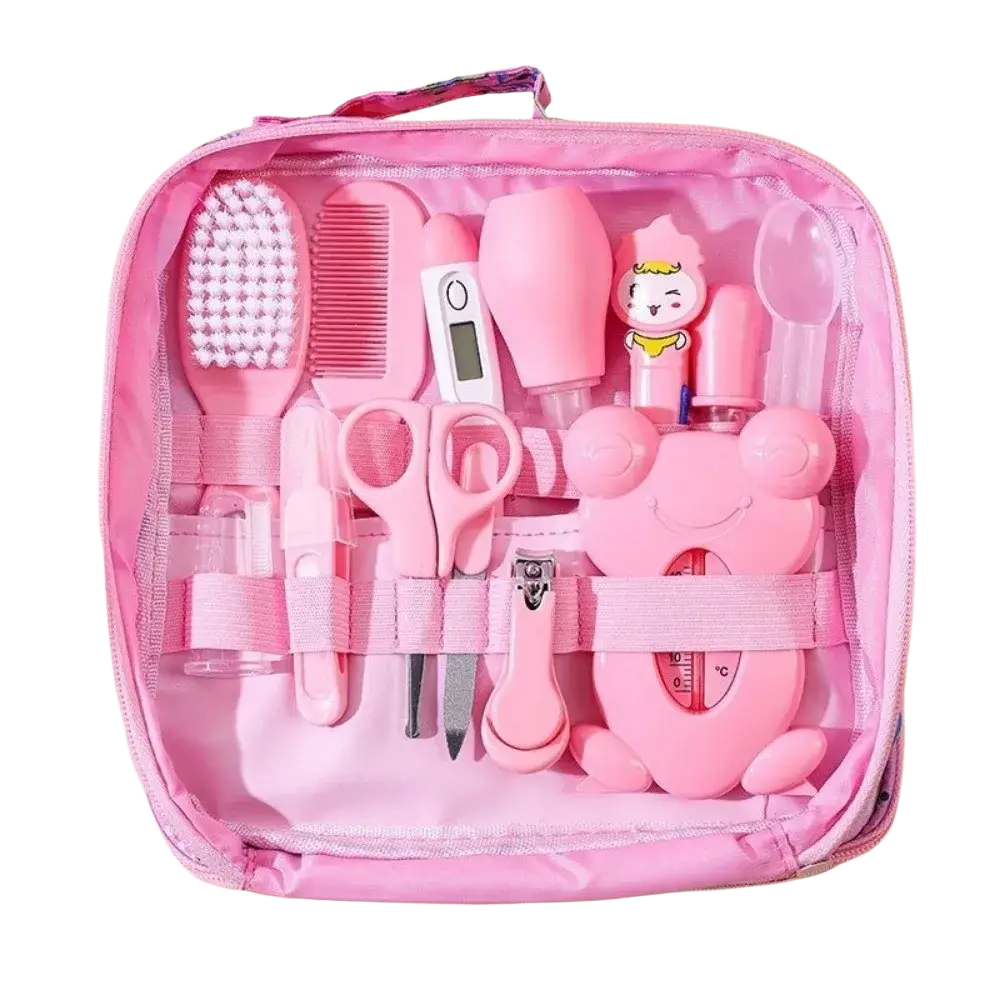 Baby care kit 13piece newborn grooming set with pink zippered case and plush frog-shaped thermometer and grooming tools