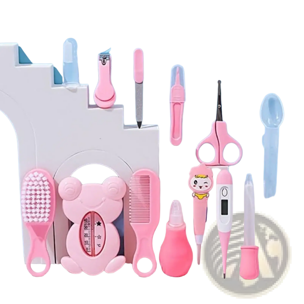 Pink plastic baby care kit with frog-shaped thermometer and cartoon details 13-piece newborn grooming set