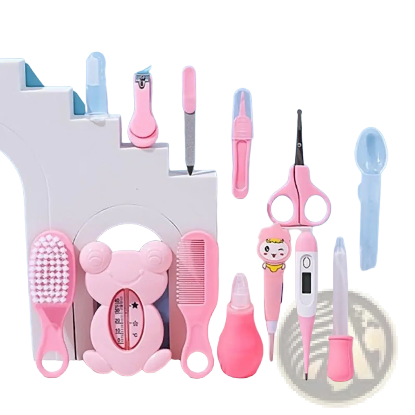 Pink plastic baby care kit with frog-shaped thermometer and cartoon details 13-piece newborn grooming set