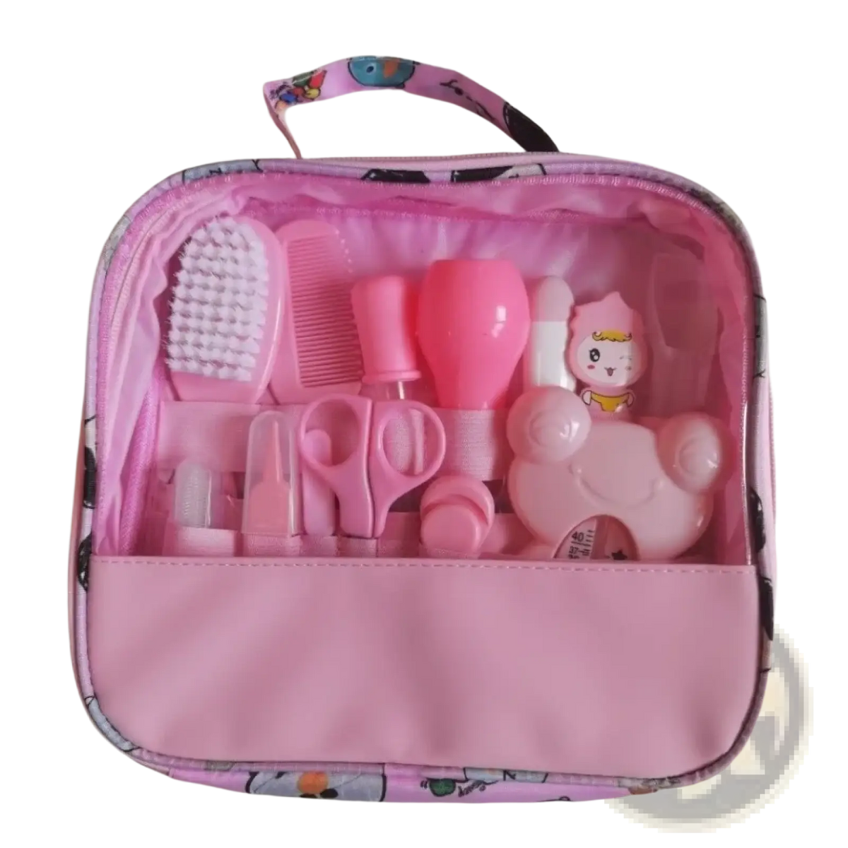 Pink plastic baby care kit with 13-piece newborn grooming set featuring a cartoon bear-shaped nail clipper and tools
