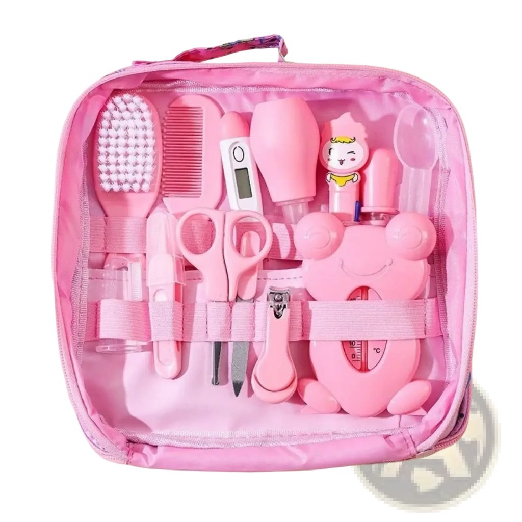 Baby care kit 13piece newborn grooming set with pink zippered case and plush frog-shaped thermometer and grooming tools