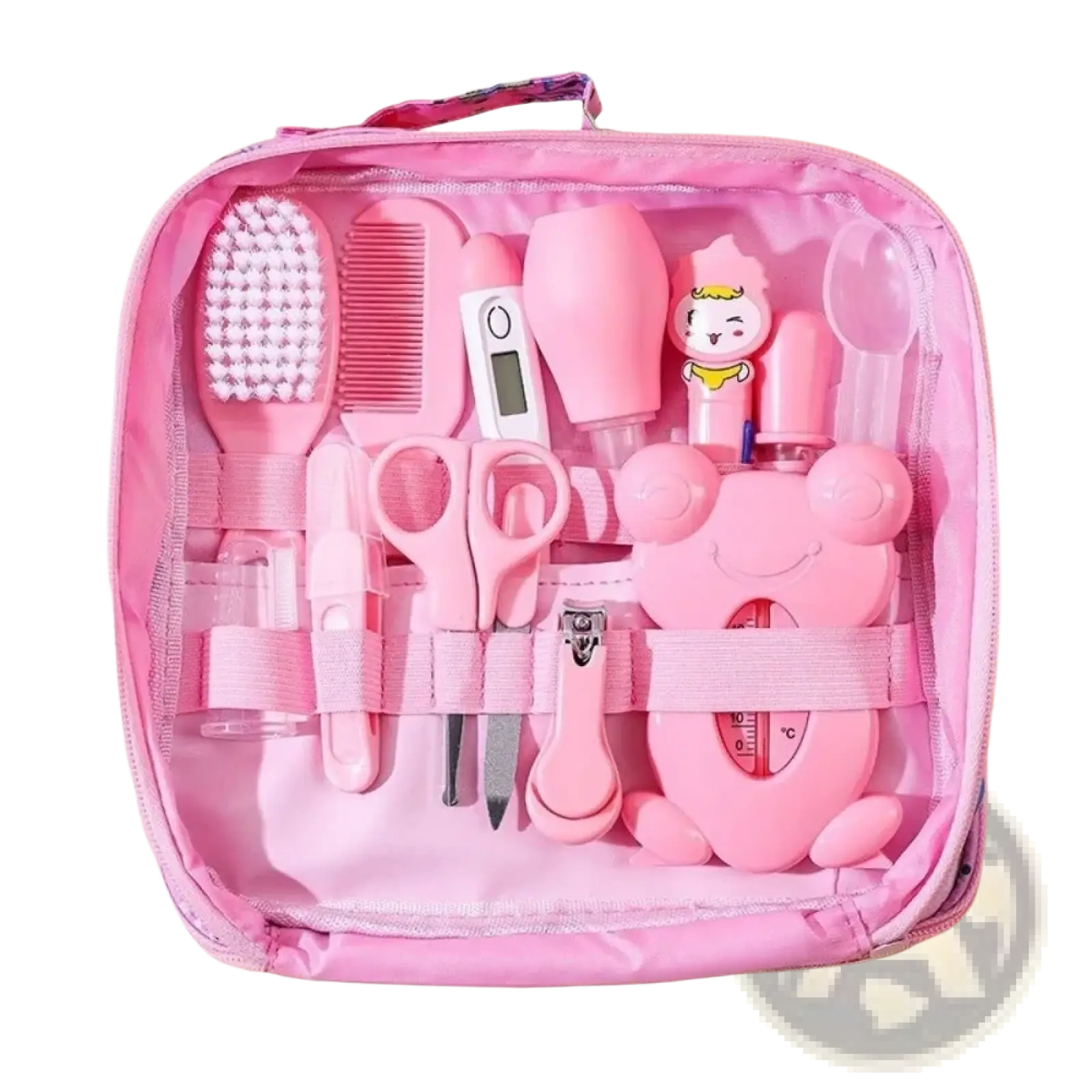 Baby care kit 13piece newborn grooming set with pink zippered case and plush frog-shaped thermometer and grooming tools