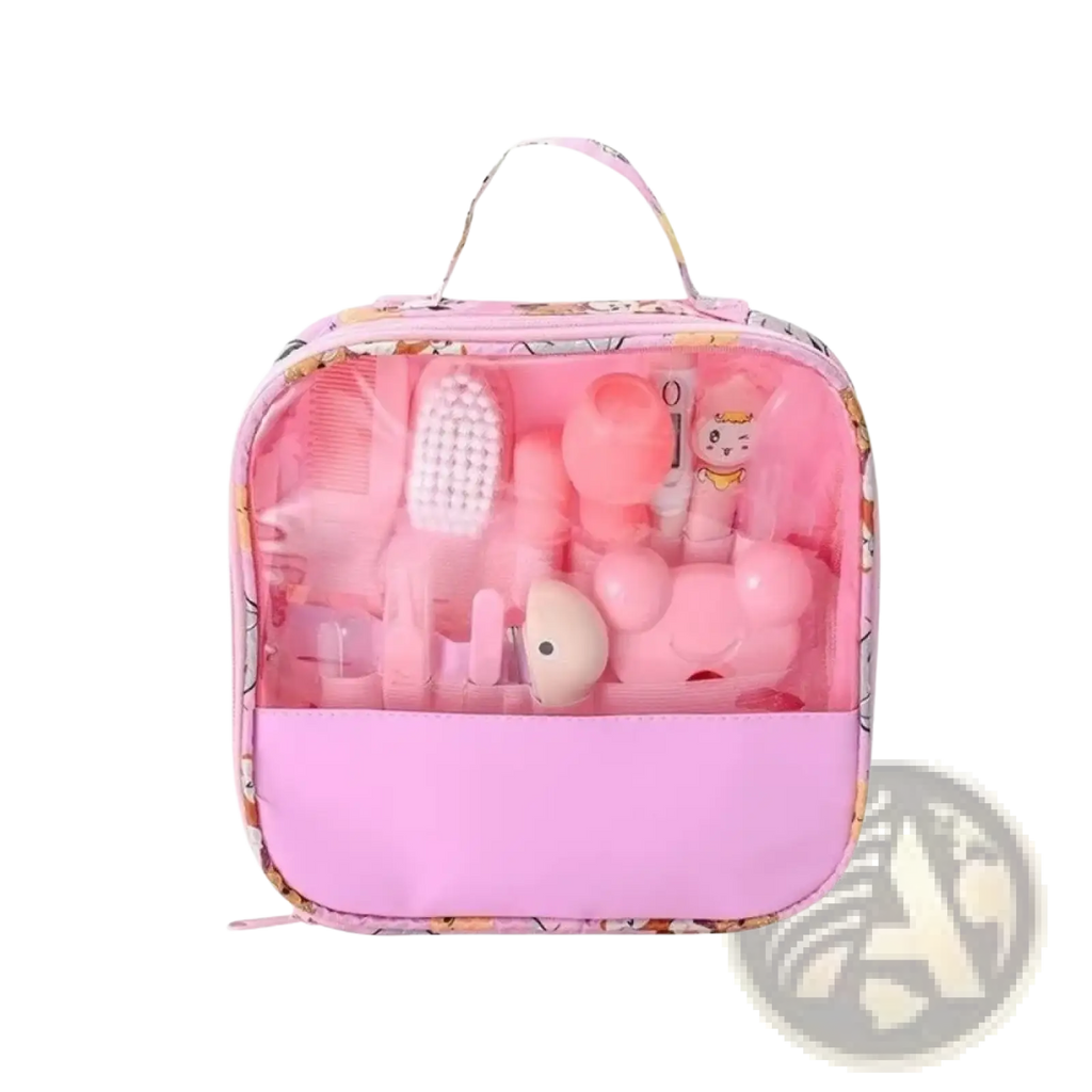 Pink transparent cosmetic bag with floral handle containing pink plastic grooming tools baby care kit 13 piece set