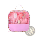 Pink transparent cosmetic bag with floral handle containing pink plastic grooming tools baby care kit 13 piece set