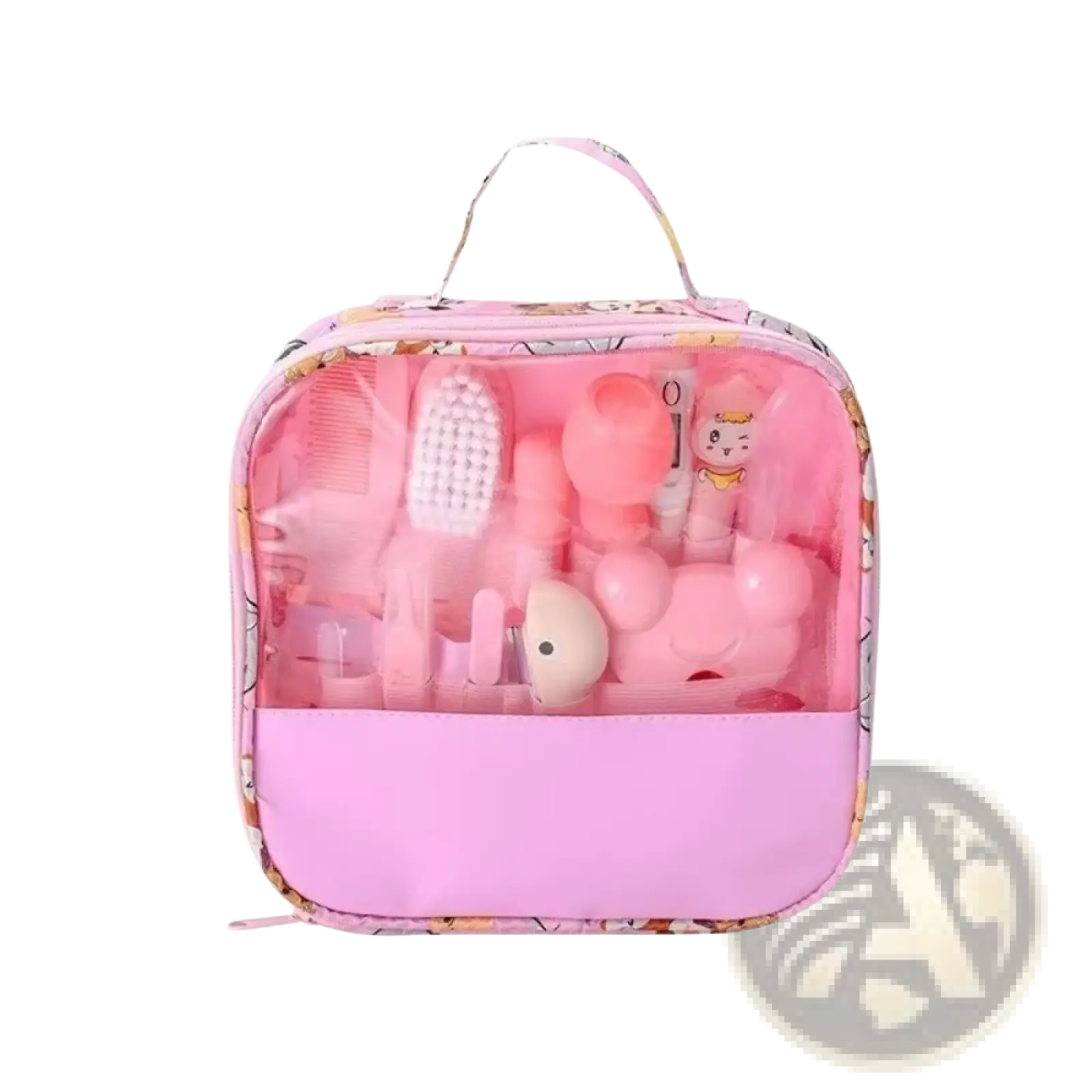 Pink transparent cosmetic bag with floral handle containing pink plastic grooming tools baby care kit 13 piece set