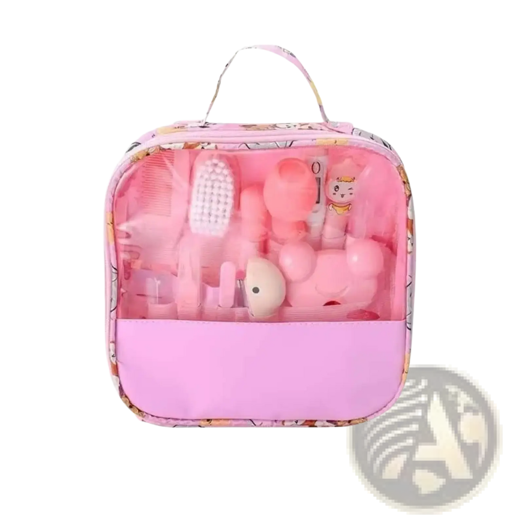 Pink transparent toiletry bag with patterned border and handle containing pink plastic grooming tools baby care kit 13 piece set