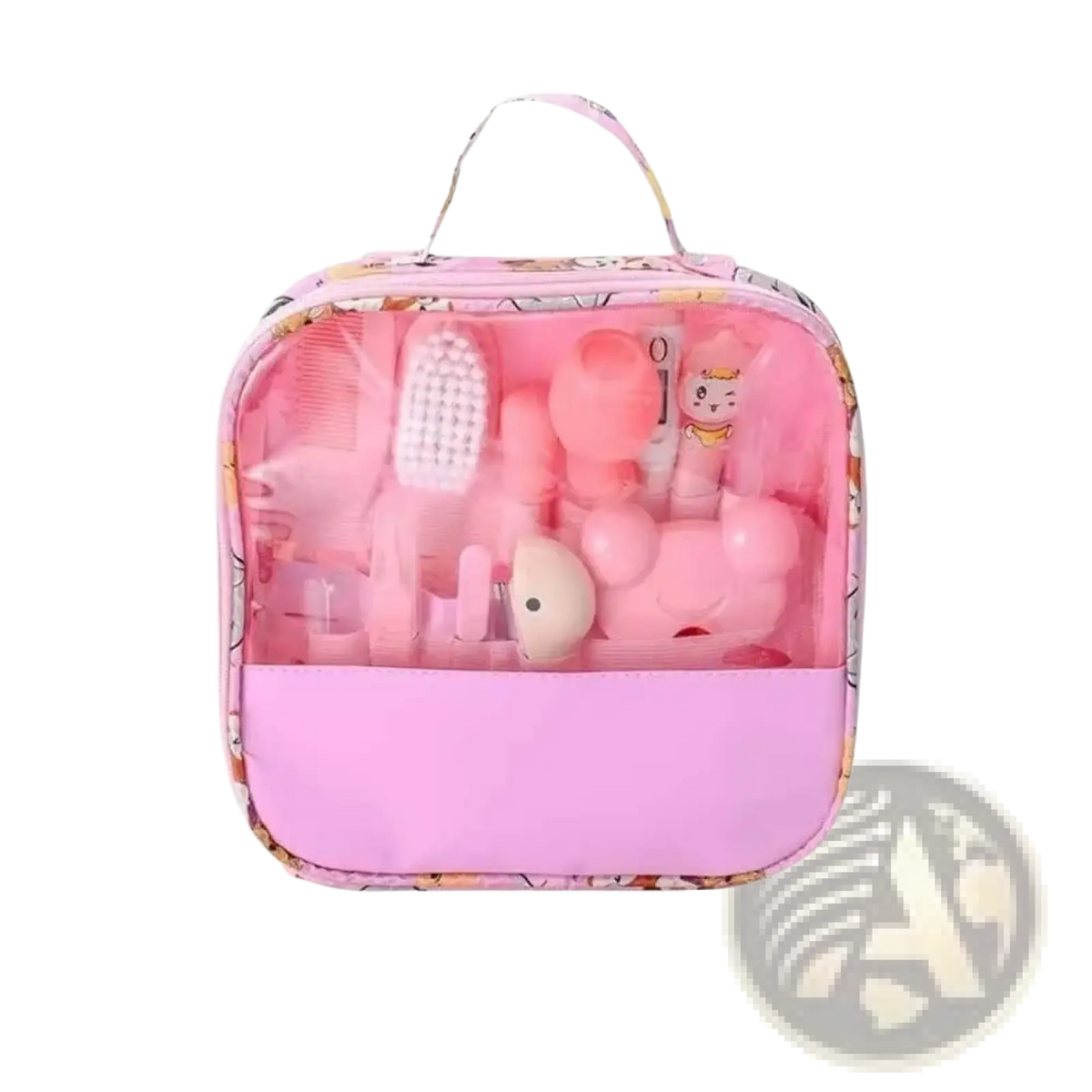 Pink transparent toiletry bag with patterned border and handle containing pink plastic grooming tools baby care kit 13 piece set