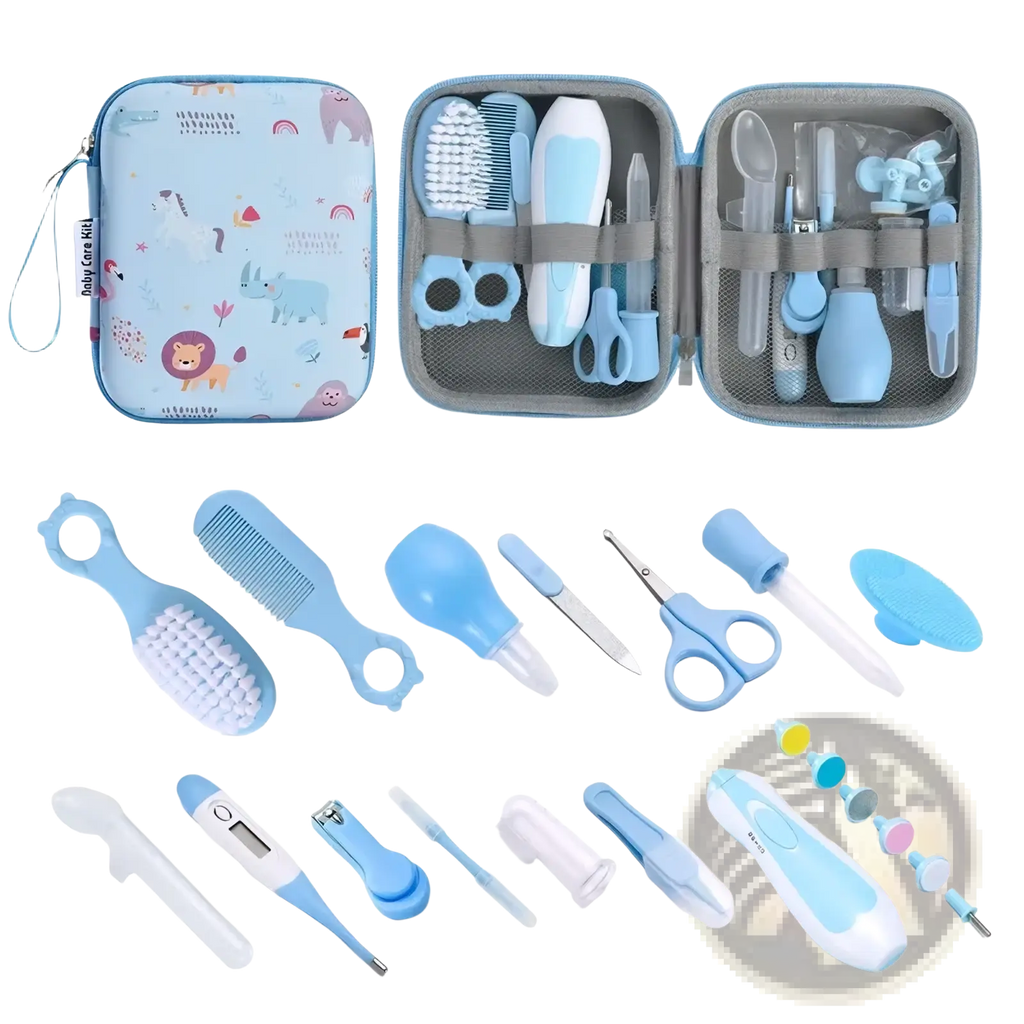 Light blue and white baby care kit with 20 piece grooming and healthcare tools in a soft cartoon patterned carrying case