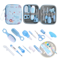 Light blue and white baby care kit with 20 piece grooming and healthcare tools in a soft cartoon patterned carrying case