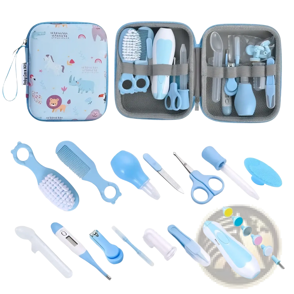 Light blue and white baby care kit with 20 piece grooming and healthcare tools in a soft cartoon patterned carrying case