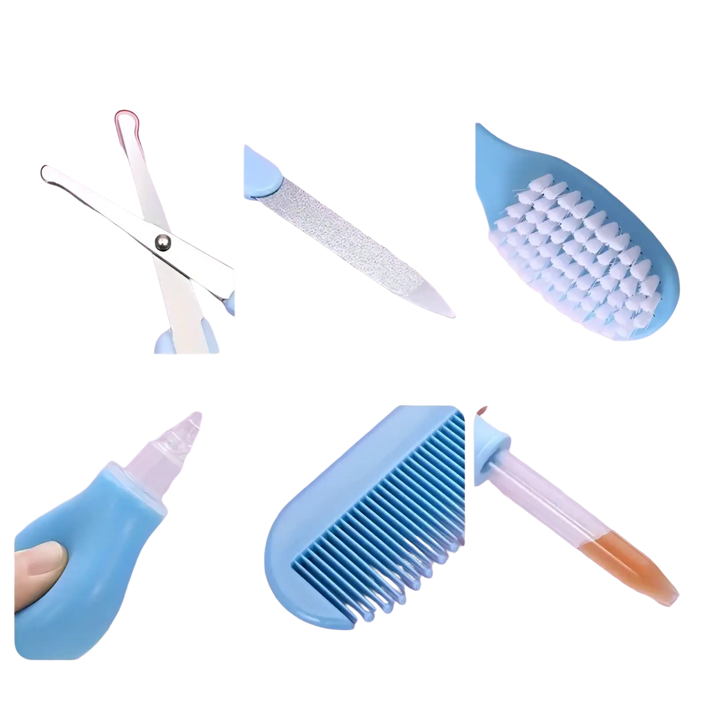 Blue plastic comb with fine teeth and rounded handle from baby care kit 20 piece grooming and healthcare set