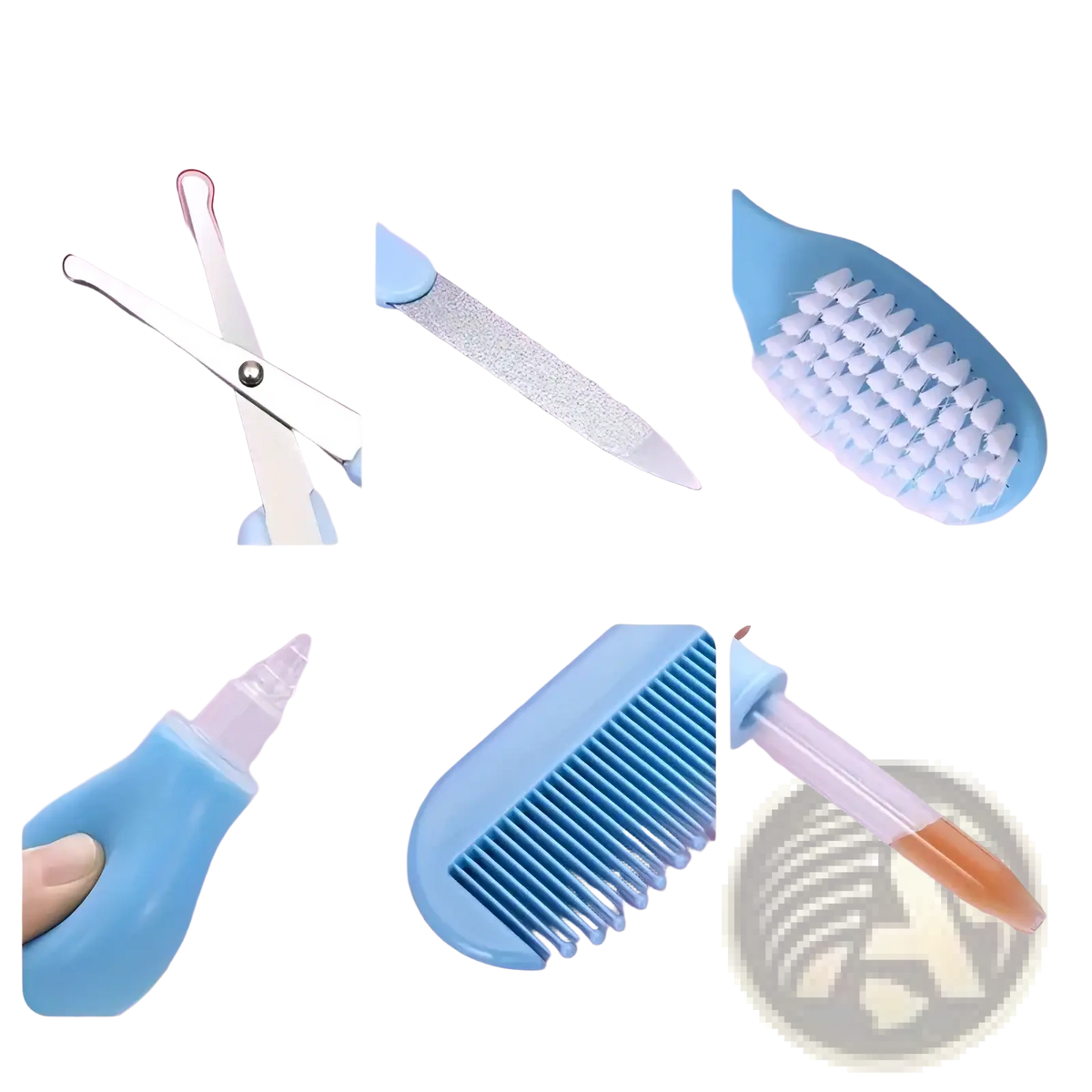 Blue plastic comb with fine teeth and rounded handle from baby care kit 20 piece grooming and healthcare set
