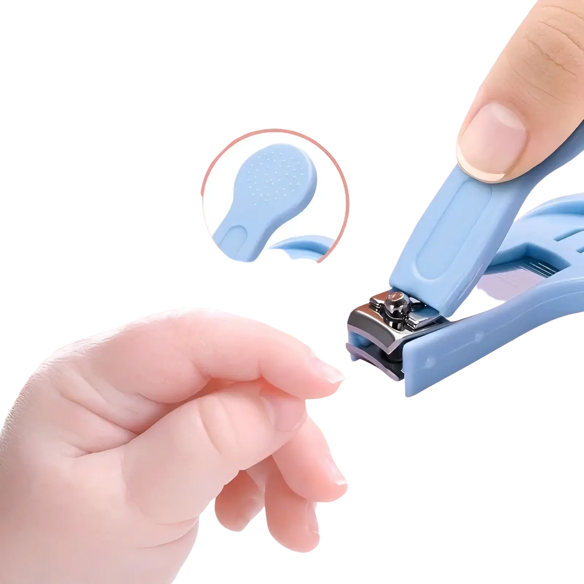 Light blue baby nail clipper with soft ergonomic grip and stainless steel blades from baby care kit 20 piece set