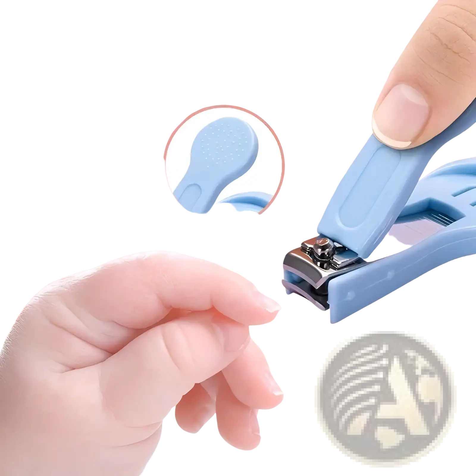 Light blue baby nail clipper with soft ergonomic grip and stainless steel blades from baby care kit 20 piece set