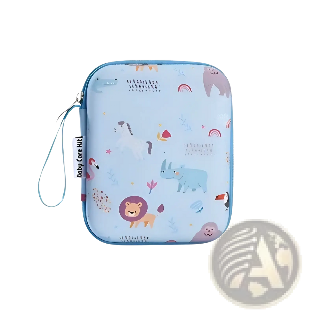 A light blue rectangular baby care kit with playful animal print and matching wrist strap for grooming and healthcare