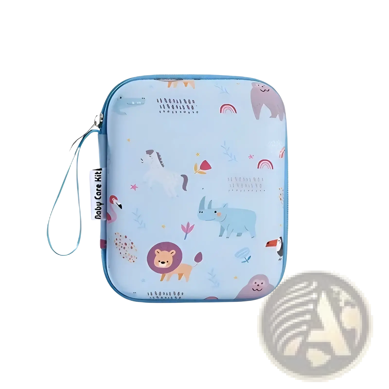 A light blue rectangular baby care kit with playful animal print and matching wrist strap for grooming and healthcare