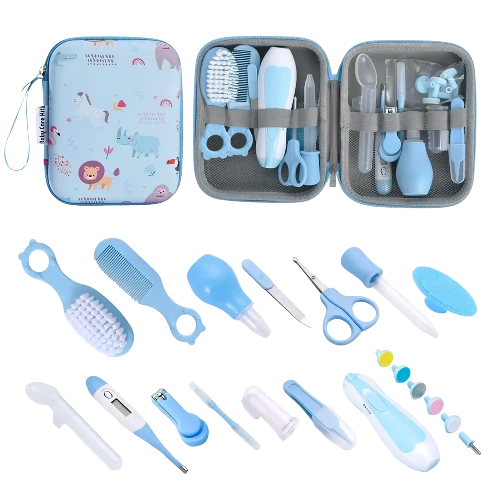 Light blue and white baby care kit with 20 piece grooming and healthcare tools in a soft cartoon patterned carrying case